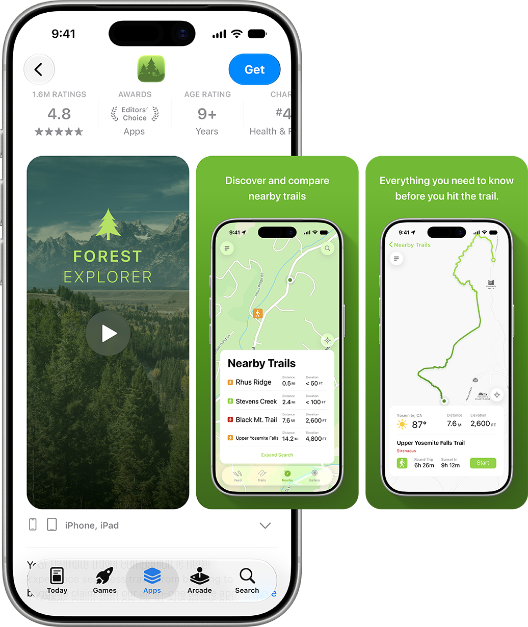 Forest Explorer 앱 미리보기 비디오와 근처 등산로 및 등산로 세부 정보의 스크린샷이 표시된 세 대의 iPhone 화면.