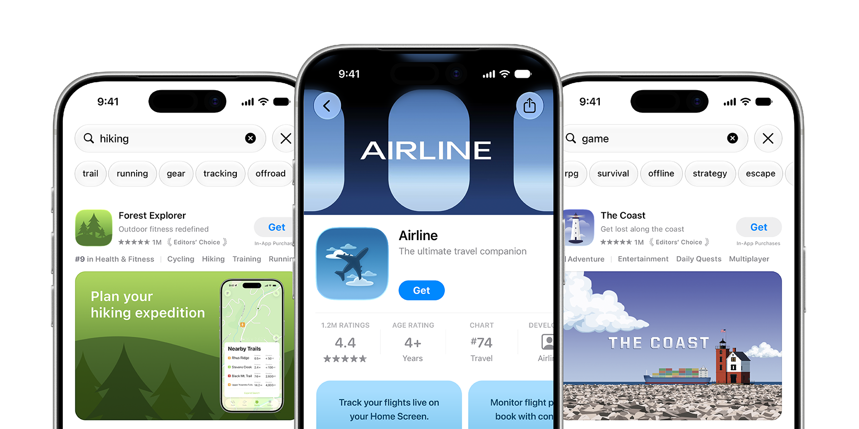Forest Explorer, Airline, The Coast 앱의 App Store 제품 페이지와 검색 결과가 표시된 세 대의 iPhone 화면.