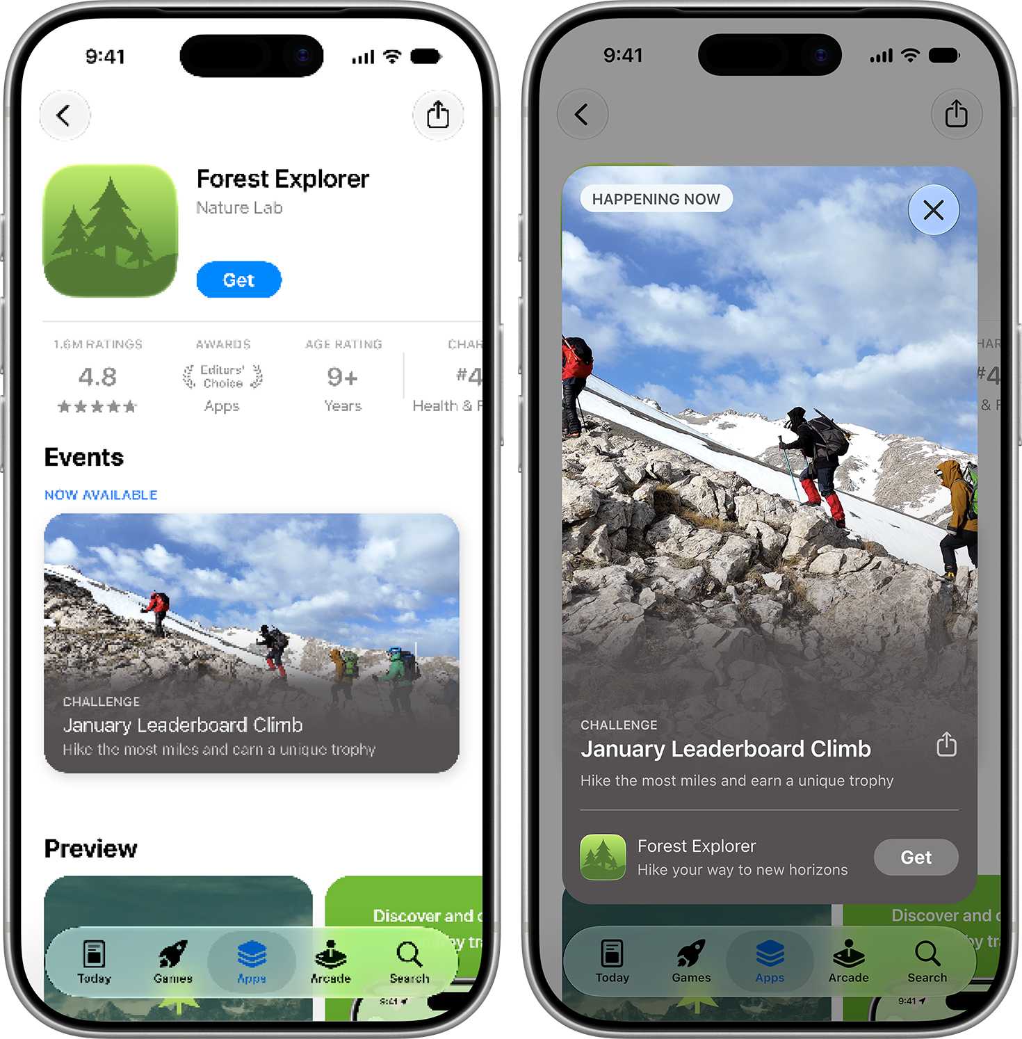Forest Explorer 제품 페이지의 Events 섹션과 January Leaderboard Climb의 앱 내 이벤트 세부 정보 카드가 표시된 두 대의 iPhone 화면.
