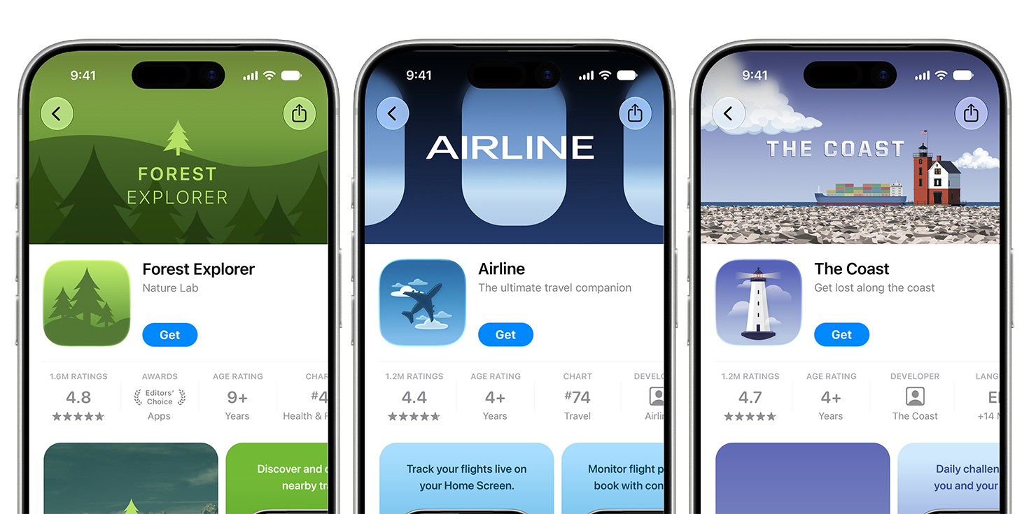 Forest Explorer, Airline, The Coast 앱의 App Store 제품 페이지 헤더가 표시된 세 대의 iPhone 화면.