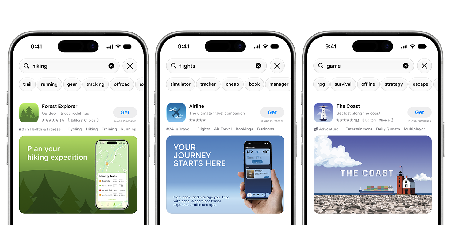 검색 결과 크리에이티브 애셋이 포함된 Forest Explorer, Airline, The Coast 앱의 App Store 검색 결과가 표시된 세 대의 iPhone 화면.