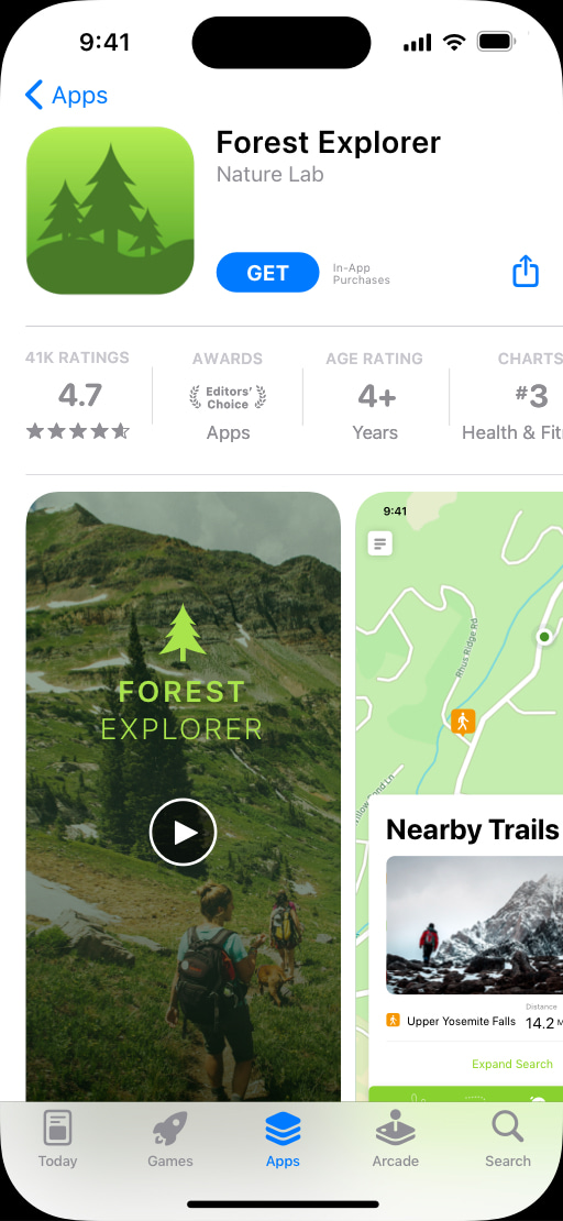 iPhone 上显示了 Forest Explorer App 的 App Store 产品页面，这个页面着重介绍徒步路线