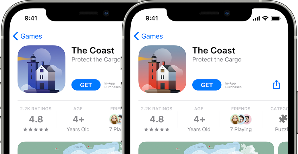 iPhones side-by-side comparing different versions of The Coast app’s product page.