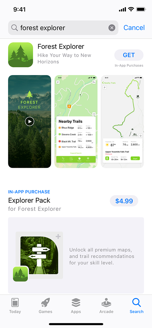 iPhone showing an example of an in-app purchase opportunity on the App Store search results page