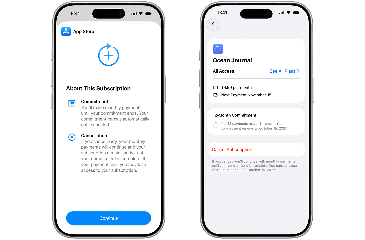 App Storeのサブスクリプションの画面。12か月契約の月払いサブスクリプション機能、決済スケジュール、App Storeでのサブスクリプションの契約内容が表示されている