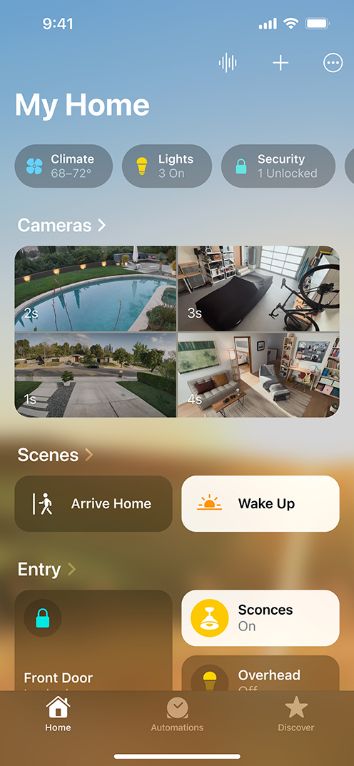 iPhone showing a smart home app with climate, lighting, security, and camera features.