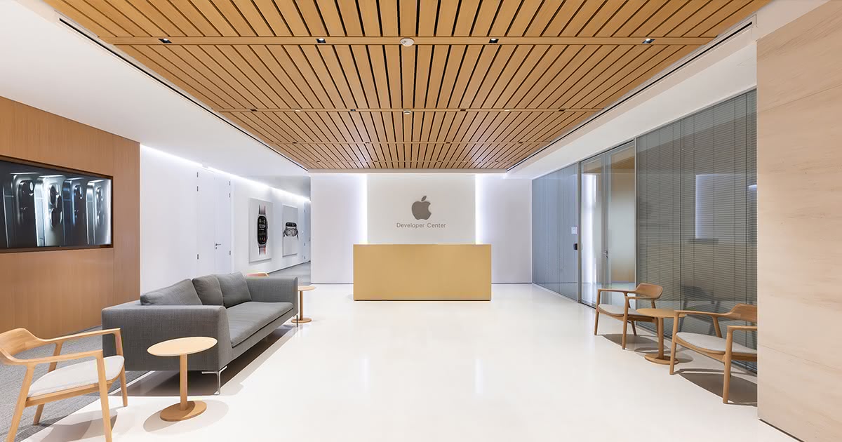 Apple Developer Center reception area with wood ceiling