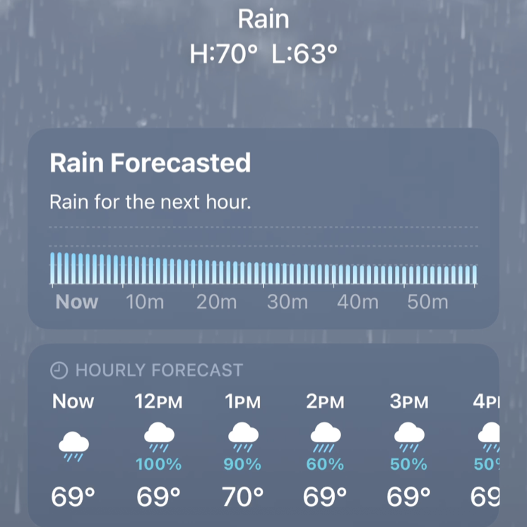 A partial screenshot of the Weather app, which uses succinct, plain language to describe the precipitation forecasted for the next sixty minutes.