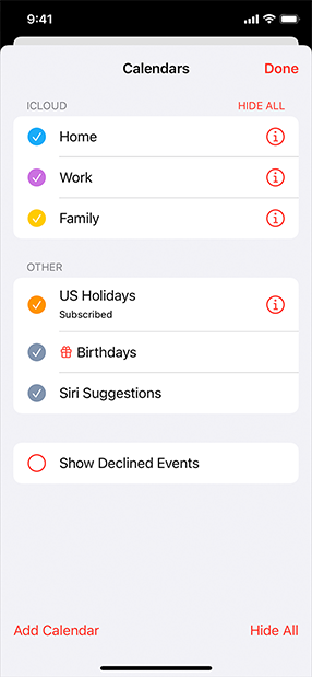 A screenshot of the Calendars sheet in the Calendar app. The sheet lists the available calendars and provides buttons to add a calendar or hide all of them. In the top-right corner of the sheet is a button titled Done.