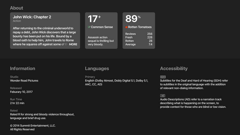 A screenshot of an Apple TV screen with three cards in an About section across the top. Below the About section are three columns of textual information, titled Information, Languages, and Accessibility.