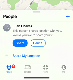 A partial screenshot of the People tab in the Find My app. The People sheet uses two same-sized buttons to provide the option to share their location with another person or cancel. The Share button uses a blue fill with white text and the Cancel button uses a blue outline, no fill, and blue text.