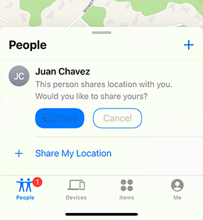 A partial screenshot of the People tab in the Find My app, showing the state that occurs after someone taps the Share button. The Share button keeps the blue fill, but changes the color of the text from white to gray and displays a spinning activity indicator inside the leading edge. The Cancel button continues to use a blue outline and no fill, but changes the color of the text from blue to gray.