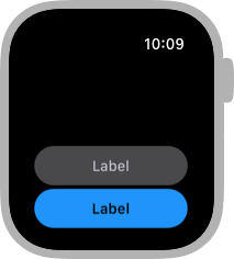 A screenshot of a black screen that contains two pill shaped buttons stacked at the bottom of the screen. The top button is gray and displays the word Label in white text. The bottom button is blue and displays the word Label in black text.
