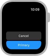A screenshot of a black screen that contains two rounded rectangle buttons stacked at the bottom of the screen. Both buttons extend from side to side, but the bottom edge of the bottom button is slightly cut off by the bezel. The top button is gray and displays the word Cancel in white text. The bottom button is blue and displays the word Primary in white text.