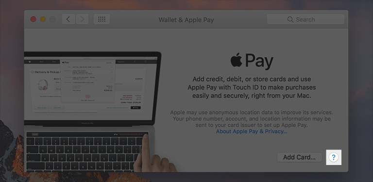 A screenshot of the help button highlighted in the lower-right corner of the Wallet & Apple Pay settings pane.