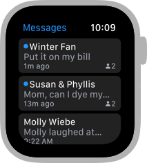 A screenshot of the Messages app, showing three messages of which the first two are unread.