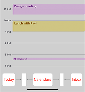 A partial screenshot of the Calendars app on iPhone, highlighted to show the spacing between its three toolbar buttons.