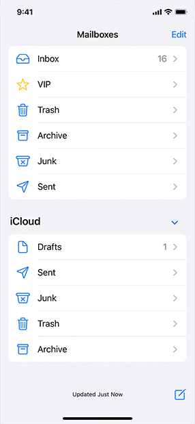 A screenshot of the Mail app on iPhone, showing mailboxes listed in two groups of rows. The content has been scrolled down, so that the lower group rests well above the toolbar. The toolbar is translucent, which makes the list background visible behind it.