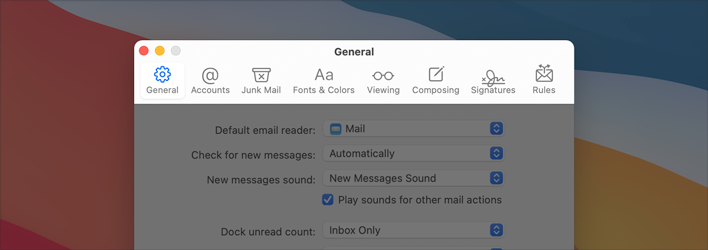 A partial screenshot of the Mail app's General settings pane, highlighted to show the toolbar. The toolbar uses a white background and the toolbar buttons don't include bezels. The top area of the toolbar displays the close, minimize, and fullscreen buttons, followed by the title General. Below the top area are the buttons that open the panes. Each toolbar button displays a glyph that represents a pane.  From the left, the panes are General, Accounts, Junk Mail, Fonts and Colors, Viewing, Composing, Signatures, and Rules.