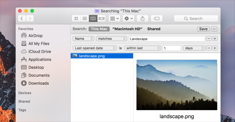 A partial screenshot of a Finder window in which name and last opened date scope buttons have been set so that a file named "landscape.png" has been found.