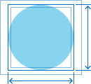 A diagram of a solid blue circle, which represents the target, centered inside the outlines of two squares. All three shapes are contained within the outline of a rectangle. The width of the inner square is slightly smaller than the diameter of the circle. The width of the outer square is the same as the diameter of the circle. The width of the rectangle is slightly larger than its height. A vertical line, extending to the top and bottom edges of the outer square, indicates the target’s height. A horizontal line, extending to left and right edges of the outer square, represents the target’s width.
