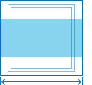 A diagram of a solid blue rectangle, which represents the target, vertically centered inside the outline of a larger rectangle. The height of the blue rectangle is approximately half the height of the outlined rectangle. The outlines of two squares are horizontally centered within the outlined rectangle. The width of the outlined rectangle is slightly larger than its height. A horizontal line, extending to left and right edges of the outlined rectangle, represents the target’s width.