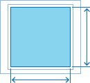 A diagram of a solid blue square, which represents the target, centered inside the outline of a slightly larger square. Both shapes are contained within the outline of a rectangle. The solid blue square is slightly smaller than the outlined square. The width of the rectangle is slightly larger than its height. A vertical line, extending to the top and bottom edges of the blue square, represents the square’s height. A horizontal line, extending to left and right edges of the blue square, indicates the target’s width.
