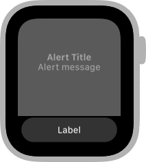 A diagram showing a translucent gray rounded rectangle that fills about 75 percent of the watch screen starting from the top edge. Below the bottom of the gray rounded rectangle is a lozenge-shaped button titled Label. Behind the gray rounded rectangle, two centered lines of text are visible. The first line contains the text Alert Title and the second line contains the text Alert message.