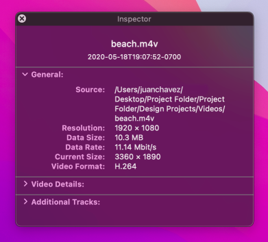 A screenshot of a translucent HUD panel, used to display inspector information for a movie file, including the filename, format, frames per second, data rate, and the frame size of the movie content.