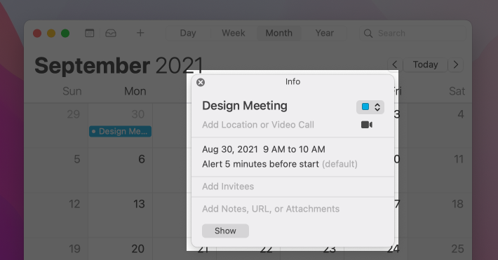A screenshot of Calendar, highlighting the detached version of the popover used to view the details of a calendar event.