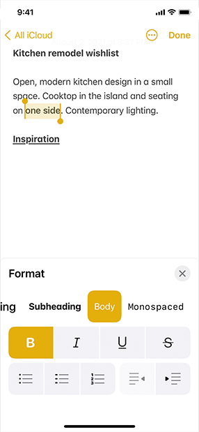 A screenshot of an in-progress note on iPhone. Two words have been selected and are shown highlighted in yellow. In the bottom half of the screen, the format sheet shows that the selected words use the body font in bold.