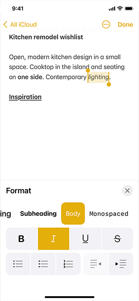 A screenshot of the same in-progress note on iPhone. A different word has been selected and highlighted in yellow. The format sheet shows that the selected word uses the body font in italics.