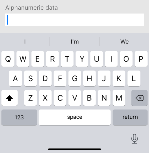 A partial screenshot of a keyboard on iPhone that displays all 26 letter keys in addition to the Shift, Delete, Numbers, Space, and Return keys. Typing suggestions appear above the keyboard and the Dictation button appears below it.