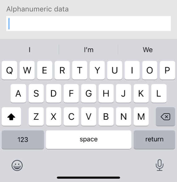 A partial screenshot of a keyboard on iPhone that displays all 26 letter keys in addition to the Shift, Delete, Numbers, Space, and Return keys. Typing suggestions appear above the keyboard and the  Emoji and Dictation buttons appear below it.