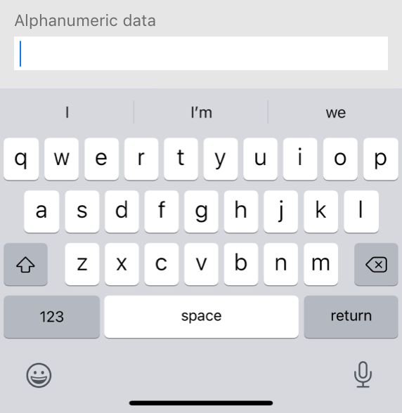 A partial screenshot of a keyboard on iPhone that displays all 26 letter keys in addition to the Shift, Delete, Numbers, Space, and Return keys. Typing suggestions appear above the keyboard and the Emoji and Dictation buttons appear below it.