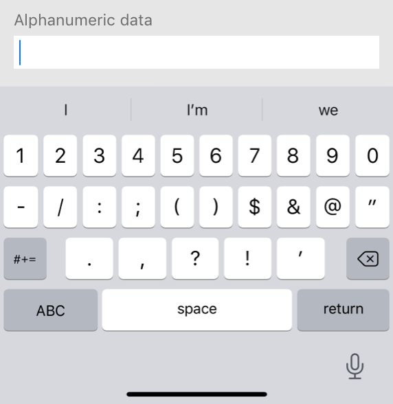 A partial screenshot of a keyboard on iPhone that displays 10 number and 15 punctuation keys in addition to the secondary punctuation key, and the Delete, Letters, Space, and Return keys. Typing suggestions appear above the keyboard and the Dictation button appears below it.
