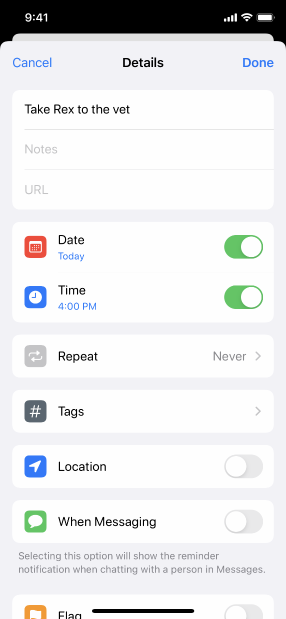 A screenshot of a reminder’s details screen in edit mode. Below the current selected date of Friday, July 10, 2020, the expanded date picker displays this date in a month view, which also contains controls that let people choose a different month or year.