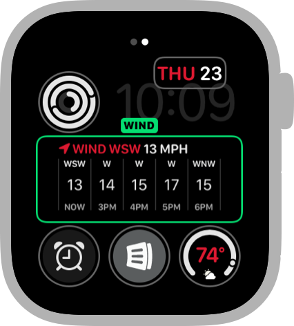 A screenshot of the Infograph Modular watch face in customization mode. The large complication in the center uses a list picker to display its options. The current option is Wind.