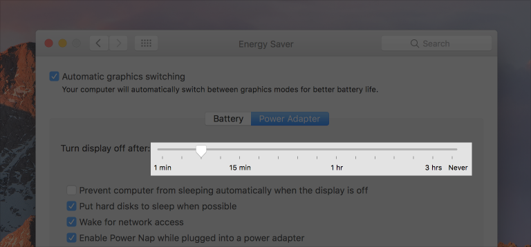 A partial screenshot of the Energy Saver settings pane in macOS, highlighted to show the slider that controls how long the display should remain on after inactivity.
