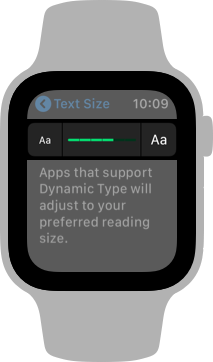 A partial screenshot of the Text Size settings screen in watchOS, highlighted to show the size slider.