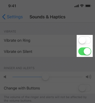 A partial screenshot of Sound and Haptics settings on iPhone. The vibrate on ring switch is off and the vibrate on silent switch is on.