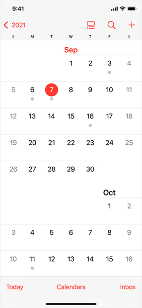 A screenshot of the Calendar app on iPhone, showing a month view that begins with the current month followed by the first two weeks of the next month.