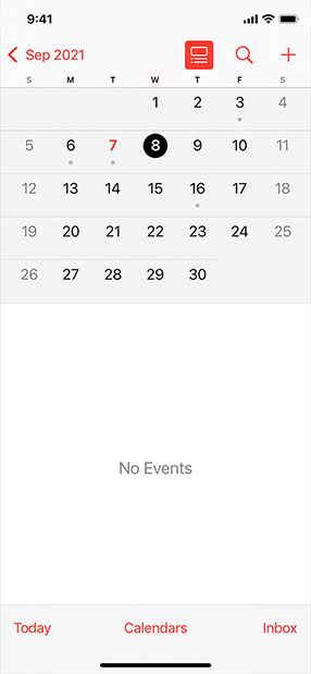 A screenshot of the Calendar app on iPhone, showing the current month in the top half of the screen and today’s event view in the bottom half.