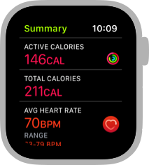 A screenshot of a workout summary page that displays several types of metrics in a list. The top row lists active calories and contains the value 146 calories and a small image of the current Activity rings. The second row lists total calories and contains the value 211 calories. The third row lists average heart rate and contains the value 70 beats per minute and a small image of the Heart Rate app icon.