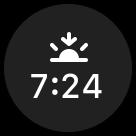 A sunset glyph displayed above the time seven twenty-four PM, centered within a circular area.