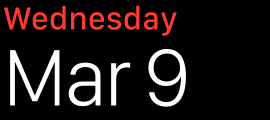 Calendar-related information displayed in two lines of fully justified text. The first line displays the word wednesday. The second line displays the abbreviation mar and the number nine in text that is about twice as tall as the text in the first line.