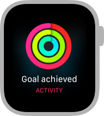 A screenshot of the activity app showing all three rings closed and text that says goal achieved.