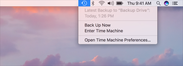 Screenshot of the Time Machine menu bar extra and its menu.