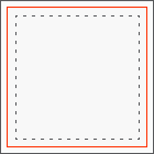 A diagram of a 1 by 1 square image, which consists of a black-outlined rectangle that contains a slightly smaller red-outlined rectangle. The red rectangle contains slightly smaller dashed-outlined rectangle. The black outline represents the actual size, the red outline represents the visible or safe zone, and the dashed outline represents the unfocused size.