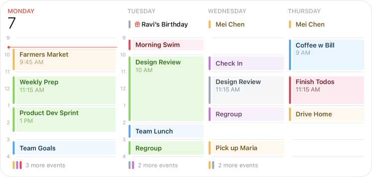 An image of the extra large Calendar widget, which is about twice the width of the large widget and a little shorter. To the information about today and tomorrow, the extra large widget adds information about the following two days (Wednesday and Thursday), continuing to display each day’s events in a separate column. Wednesday’s events include Check in, Design Review, Regroup, and Pick up Tim; Thursday’s events include Coffee with Brandon, Finish To-dos, and Drive Home.